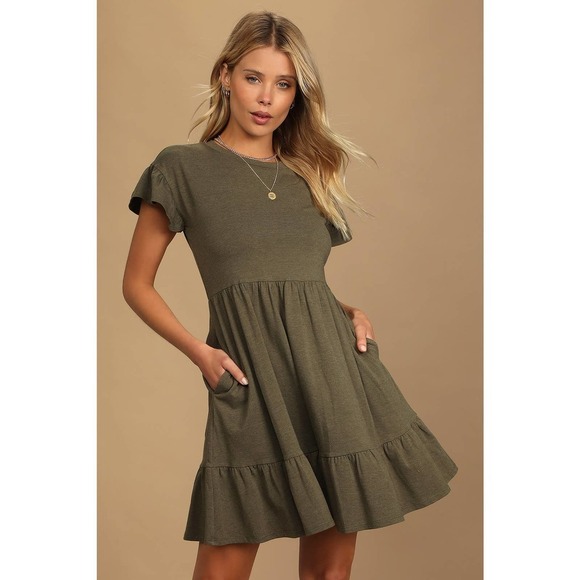 Lulu's Sweetest Style Tiered Babydoll Dress L Olive Green Swing Skater Ruffle - Picture 1 of 10